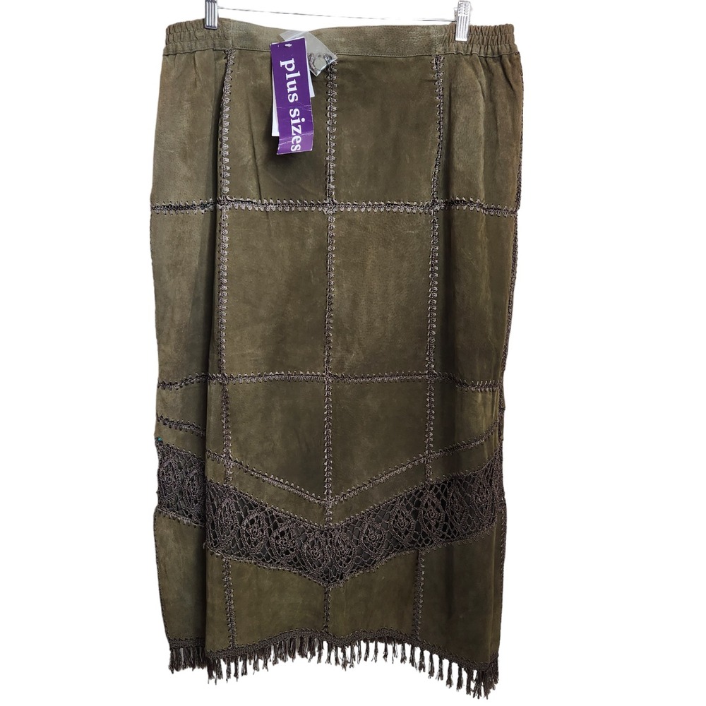 Vintage 80s Leather Suede Patchwork Crochet Boho A-Line Midi Skirt Sz 20 NWT
